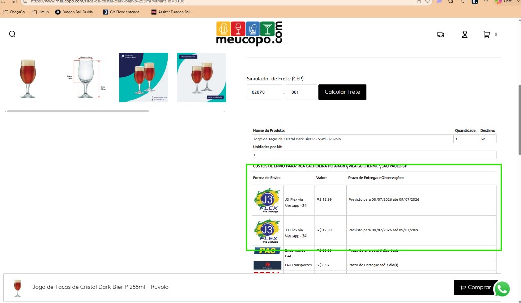 Mesmo gateway em operação — múltiplas modalidades de frete exibidas no checkout da loja