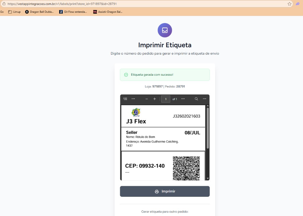 Impressão de etiqueta de envio — geração via TMS com pré-visualização e botão Imprimir