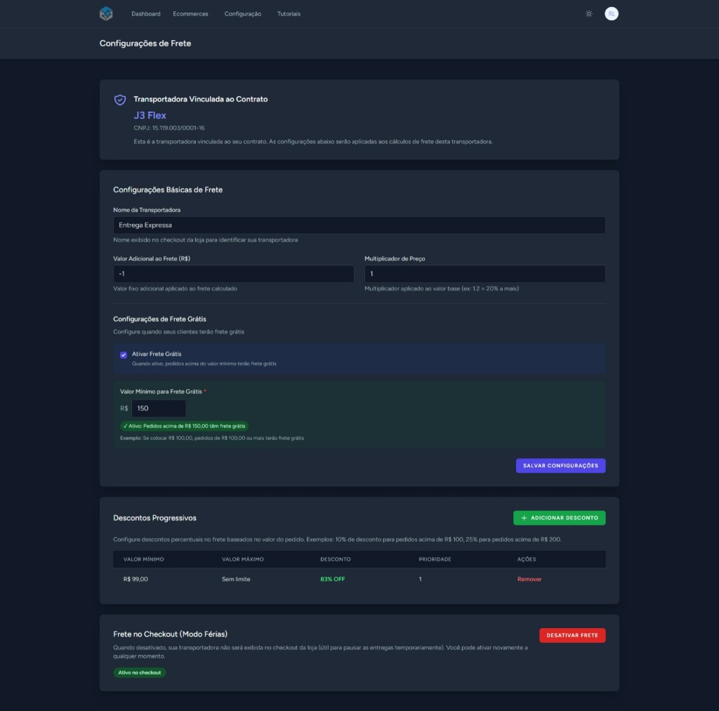 Configurações de frete — nome no checkout, ajustes de preço, descontos progressivos e frete grátis