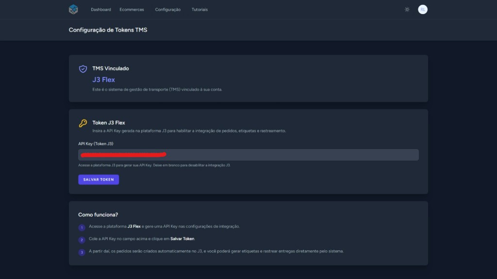 Vínculo com o TMS via API Key (ex.: J3) — pedidos, etiquetas e rastreamento automatizados