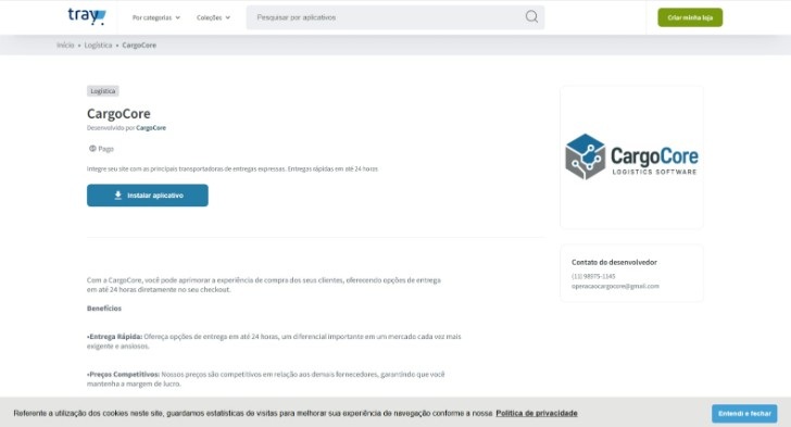 Um dos canais de distribuição — aplicativo CargoCore disponível também na Tray App Store