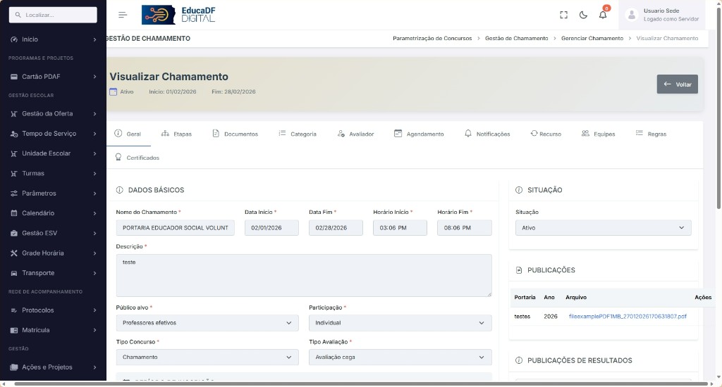 Detalhe do chamamento — etapas, documentos, avaliadores e regras