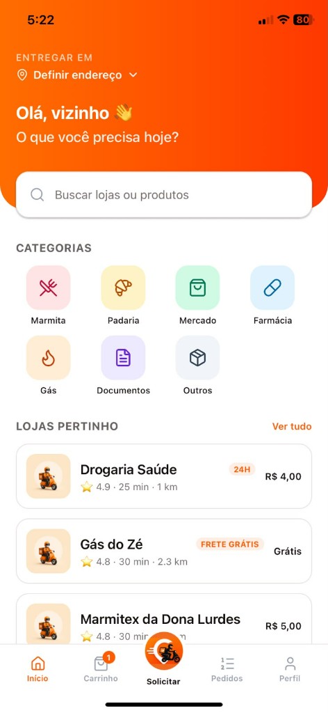 Início — categorias, lojas perto e busca por produtos