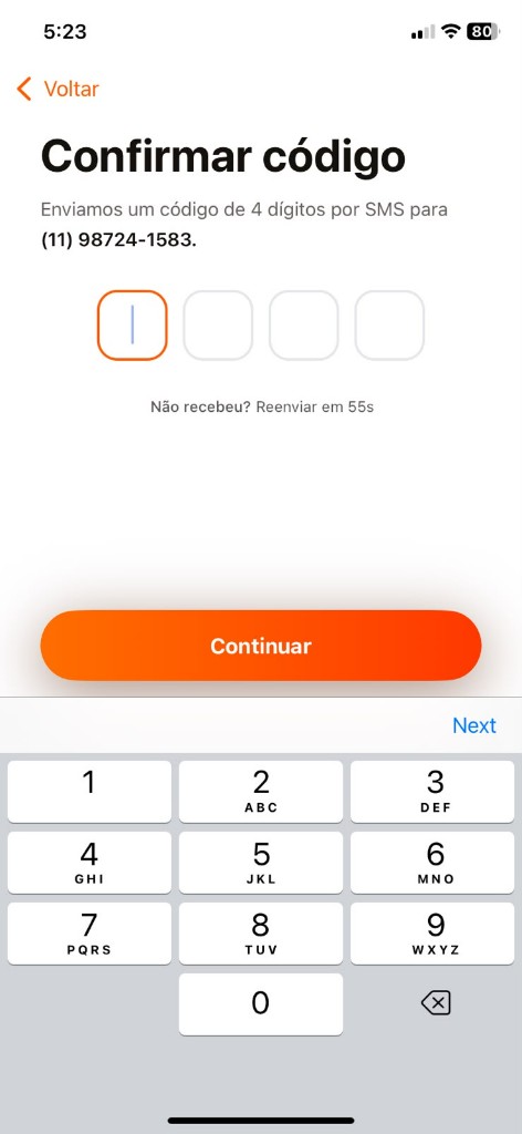 Login seguro — confirmação do código OTP por SMS