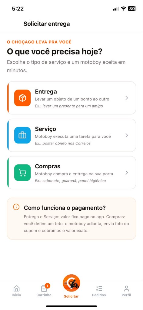 Solicitar — entrega, serviço ou compras com motoboy