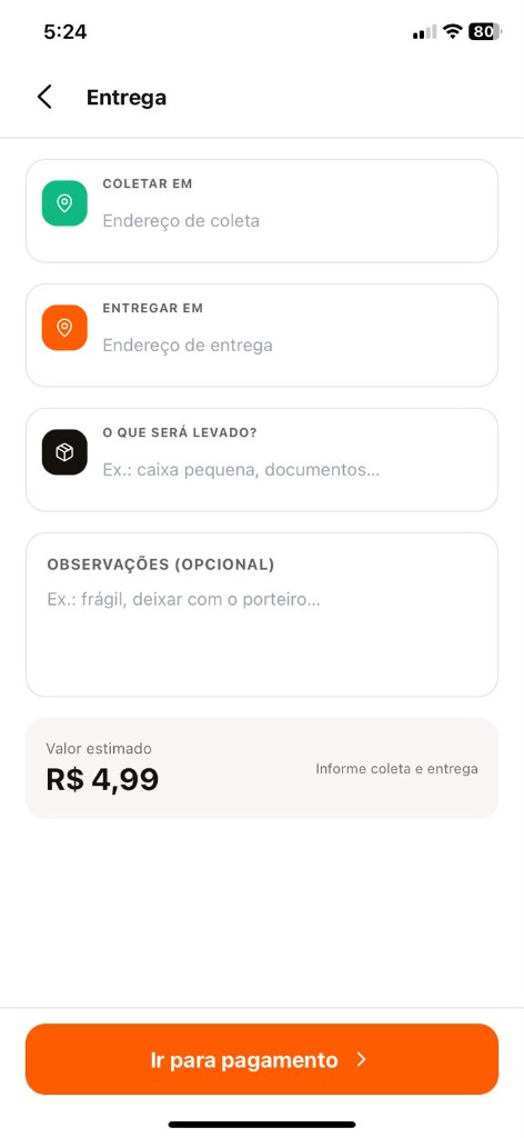 Formulário de entrega com coleta, destino e valor estimado
