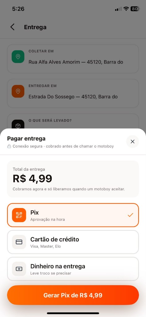 Checkout — Pix, cartão na entrega ou dinheiro