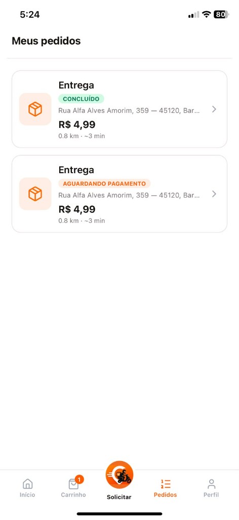 Histórico de pedidos com status (pagamento, entrega, concluído)