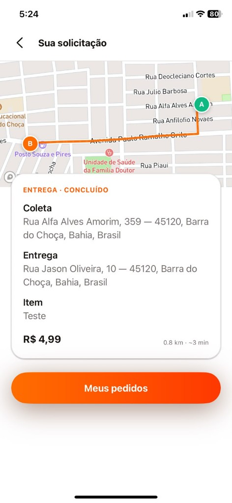Acompanhamento da entrega com mapa e rota concluída