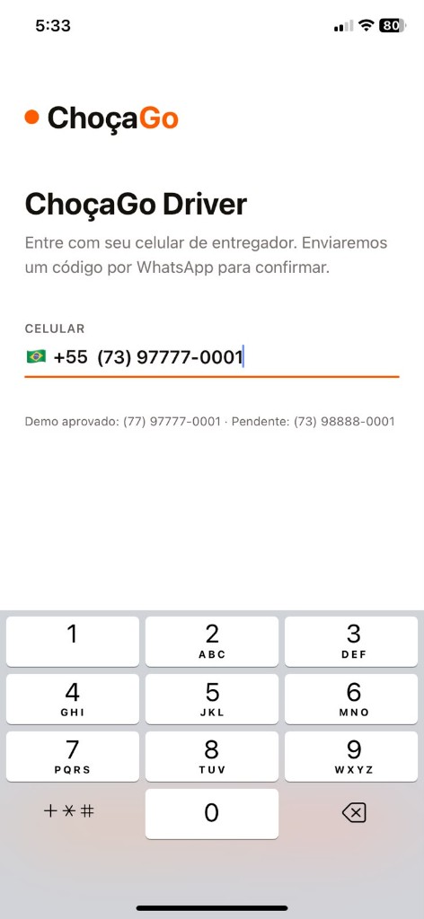 Login do entregador — celular com código por WhatsApp