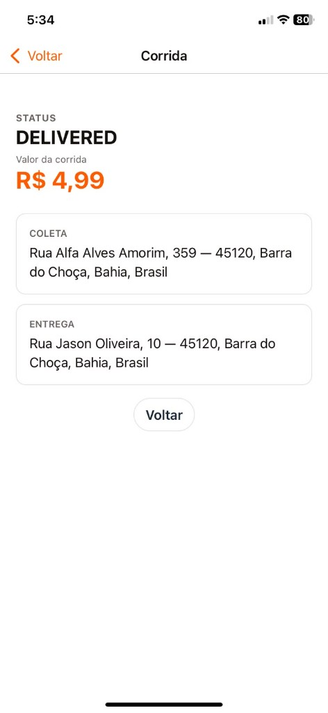 Detalhe da corrida — coleta, entrega e valor