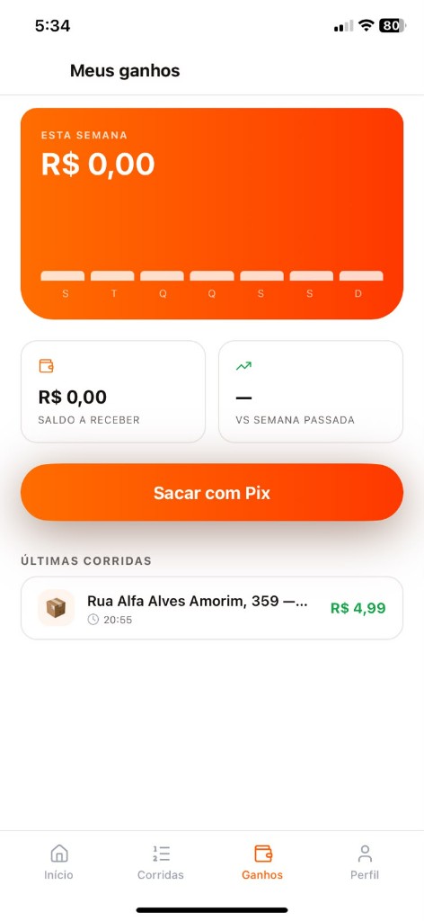 Ganhos — resumo semanal, saldo e saque via Pix