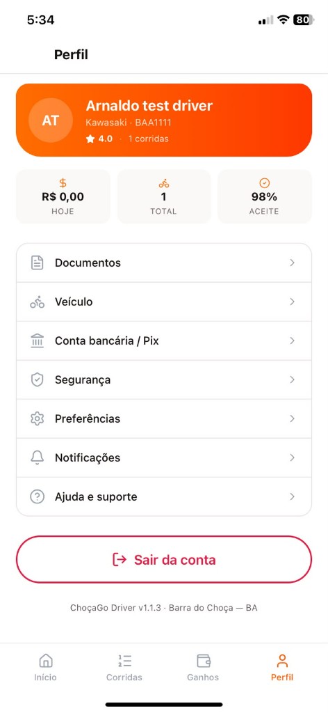 Perfil do entregador — veículo, documentos e taxa de aceite
