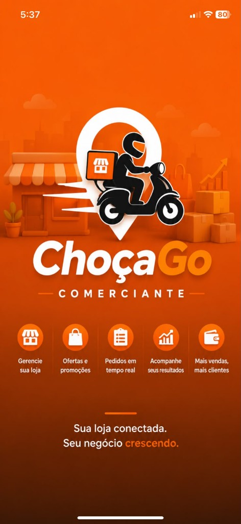 App comerciante — splash e proposta de valor para lojistas
