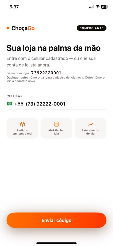 Login do lojista — celular cadastrado ou novo cadastro