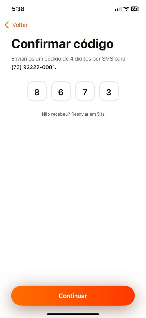 Confirmação OTP no app do comerciante