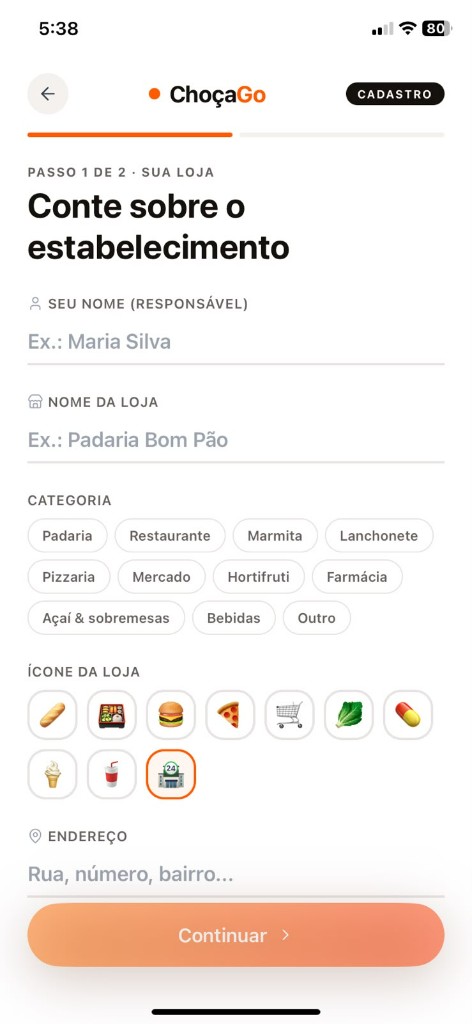 Cadastro da loja — categoria, ícone e endereço