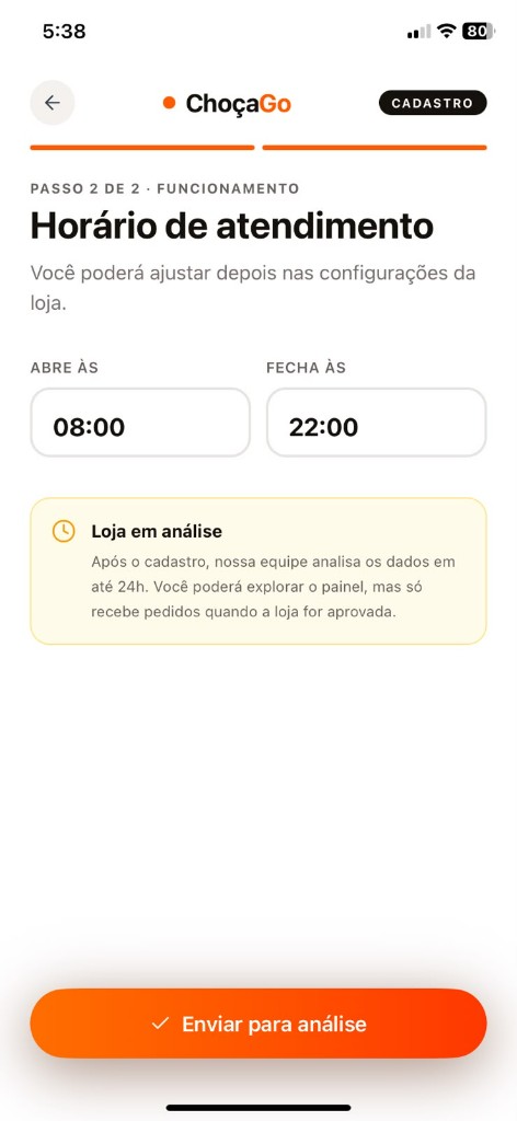 Horário de funcionamento e envio para análise