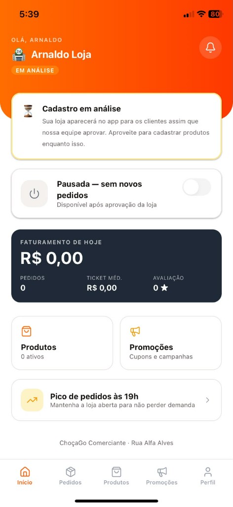 Painel do lojista — faturamento, pedidos e status da loja