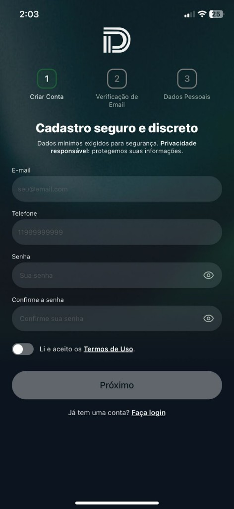 Cadastro seguro e discreto