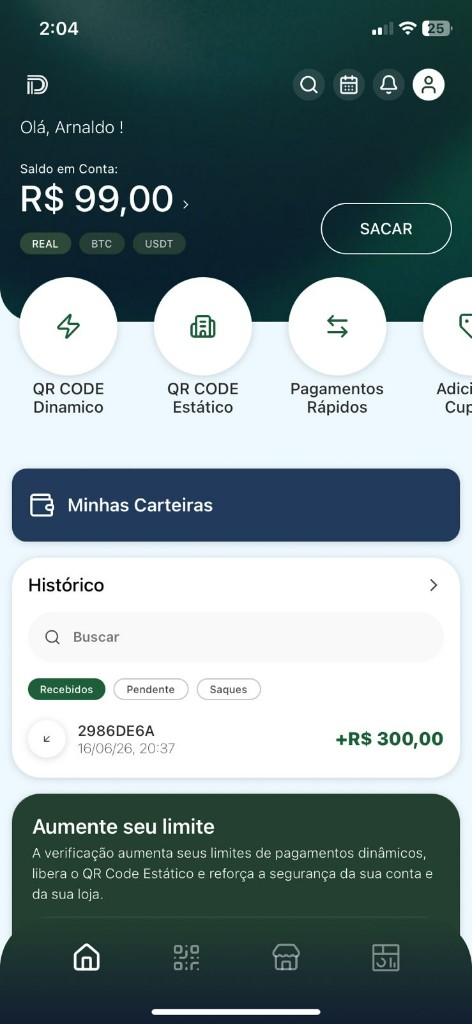 Início — saldo, QR Code e ações rápidas