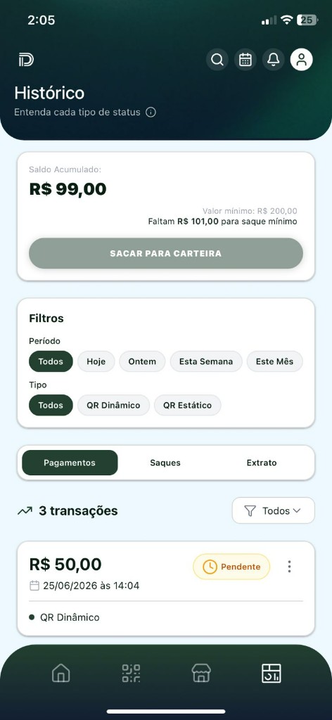 Histórico de pagamentos com filtros