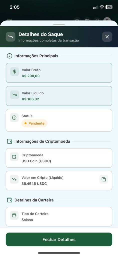Detalhes do saque em cripto (USDC)