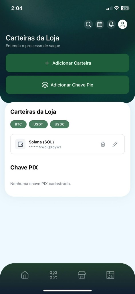 Carteiras cripto e chaves Pix da loja